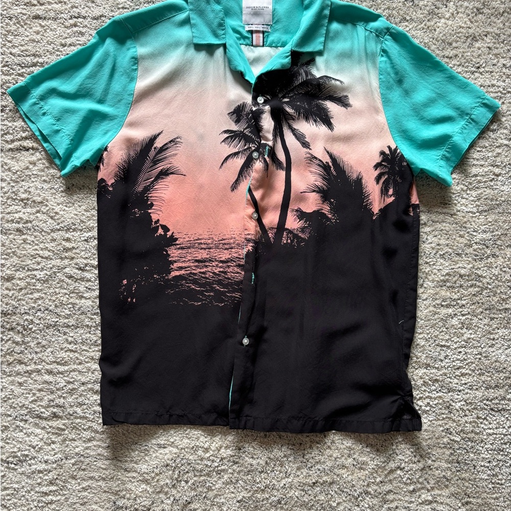 Denim & Flower Teal and Black Tropical Button Down Shirt